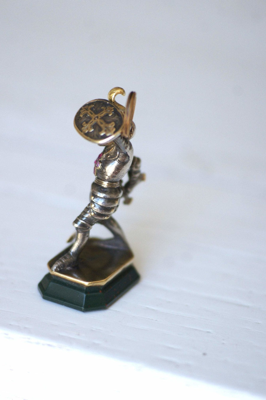 Antique Victorian neo-Gothic knight seal pendant in gold, silver and bloodstone intaglio - Penelope Gallery