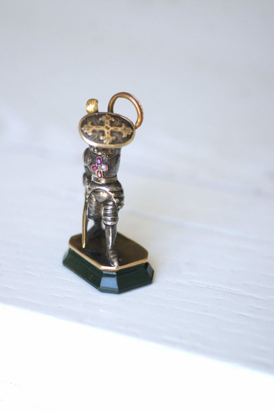 Antique Victorian neo-Gothic knight seal pendant in gold, silver and bloodstone intaglio - Penelope Gallery