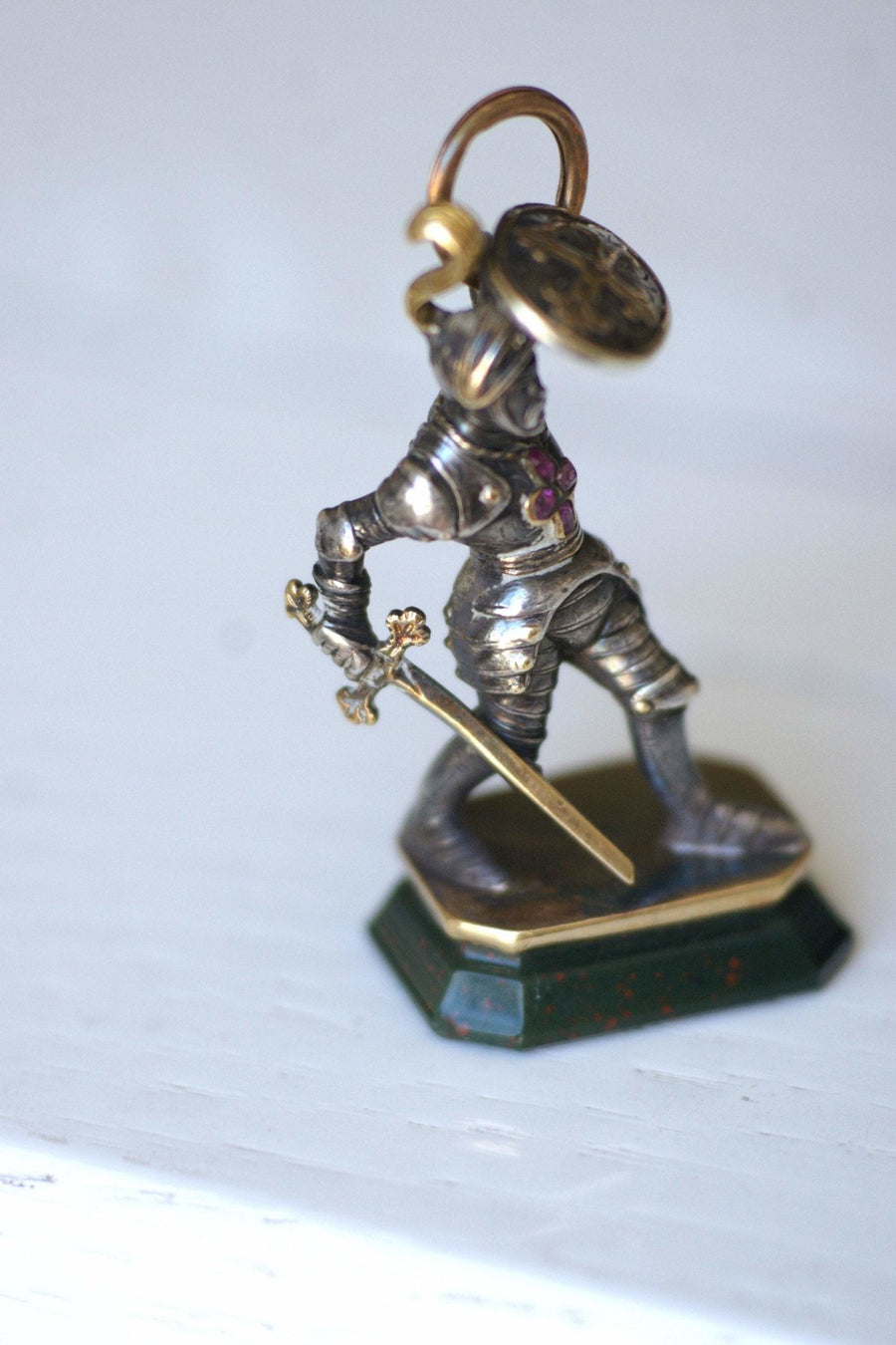 Antique Victorian neo-Gothic knight seal pendant in gold, silver and bloodstone intaglio - Penelope Gallery