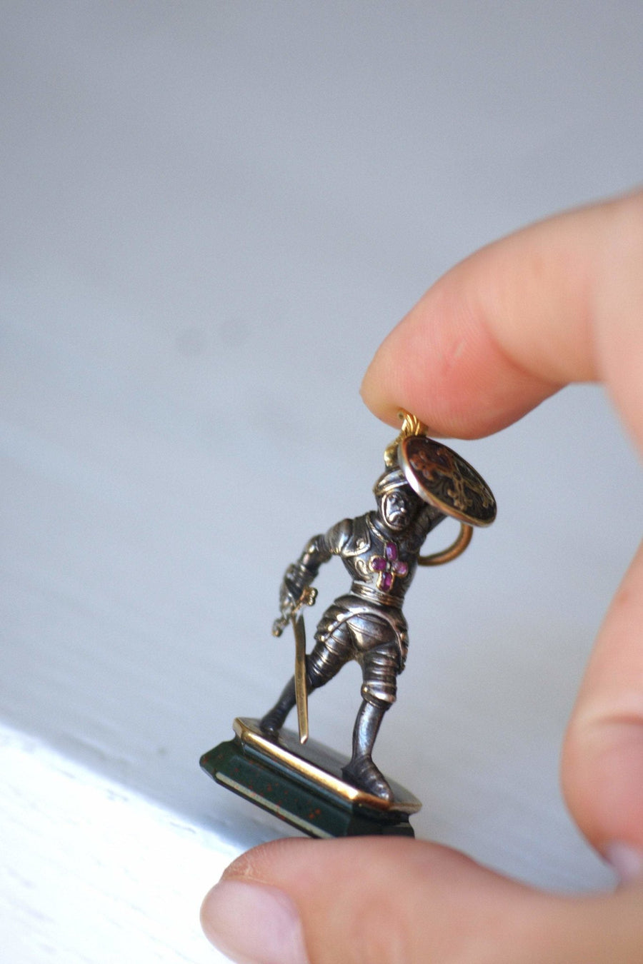 Antique Victorian neo-Gothic knight seal pendant in gold, silver and bloodstone intaglio - Penelope Gallery