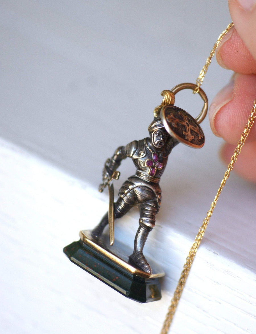 Antique Victorian neo-Gothic knight seal pendant in gold, silver and bloodstone intaglio - Penelope Gallery