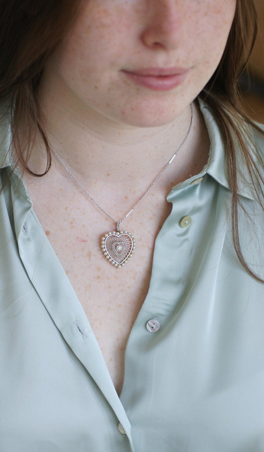 Diamonds and platinum beads heart pendant - Penelope Gallery