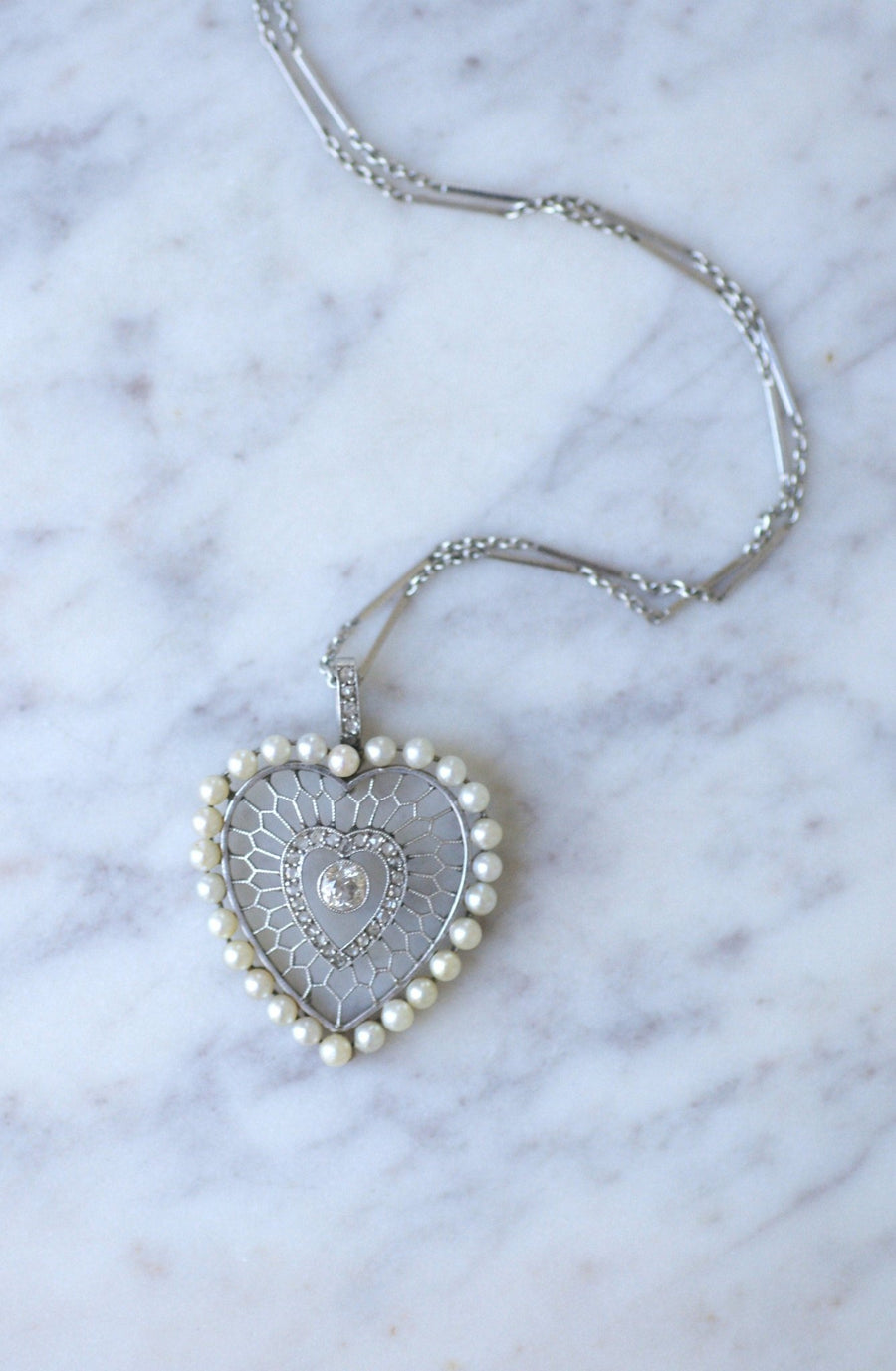 Diamonds and platinum beads heart pendant - Penelope Gallery