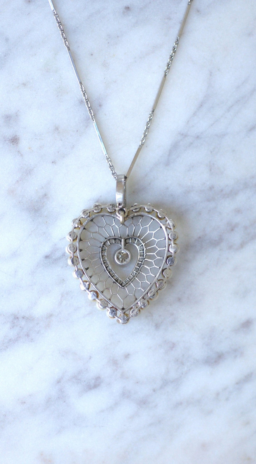 Diamonds and platinum beads heart pendant - Penelope Gallery