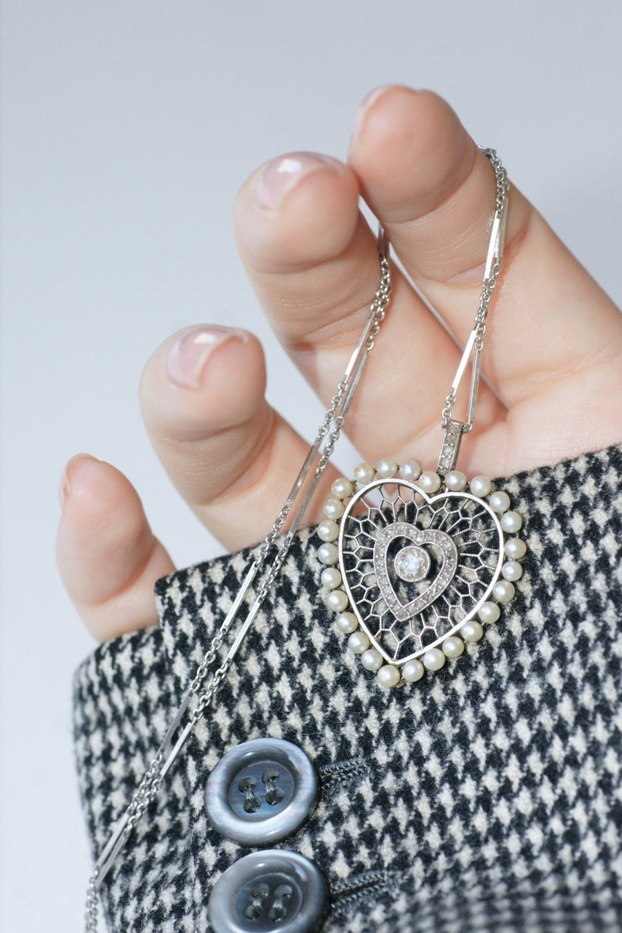 Diamonds and platinum beads heart pendant - Penelope Gallery