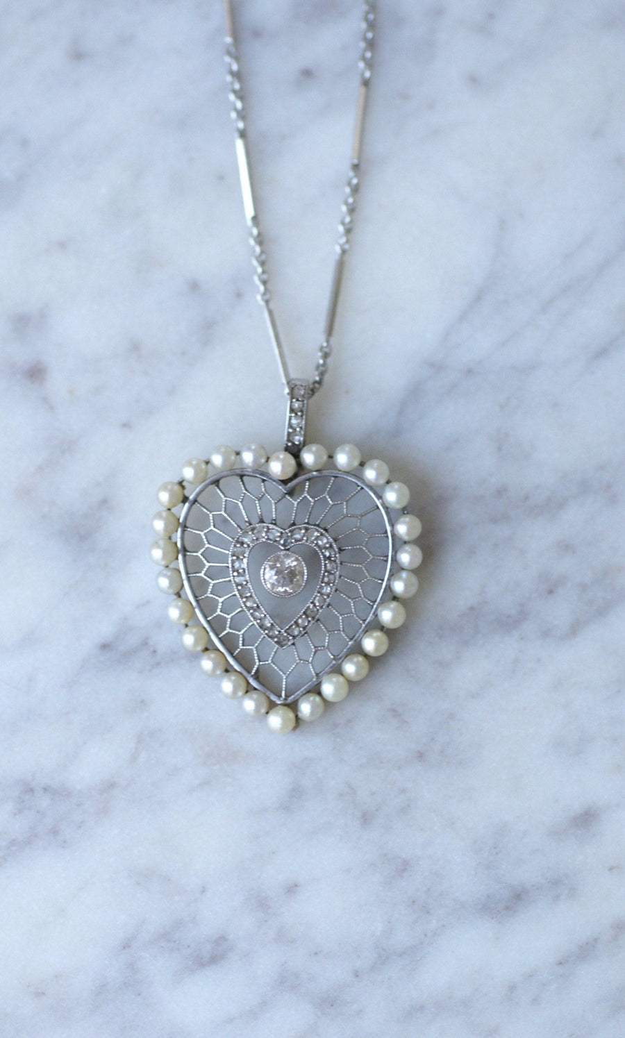 Diamonds and platinum beads heart pendant - Penelope Gallery