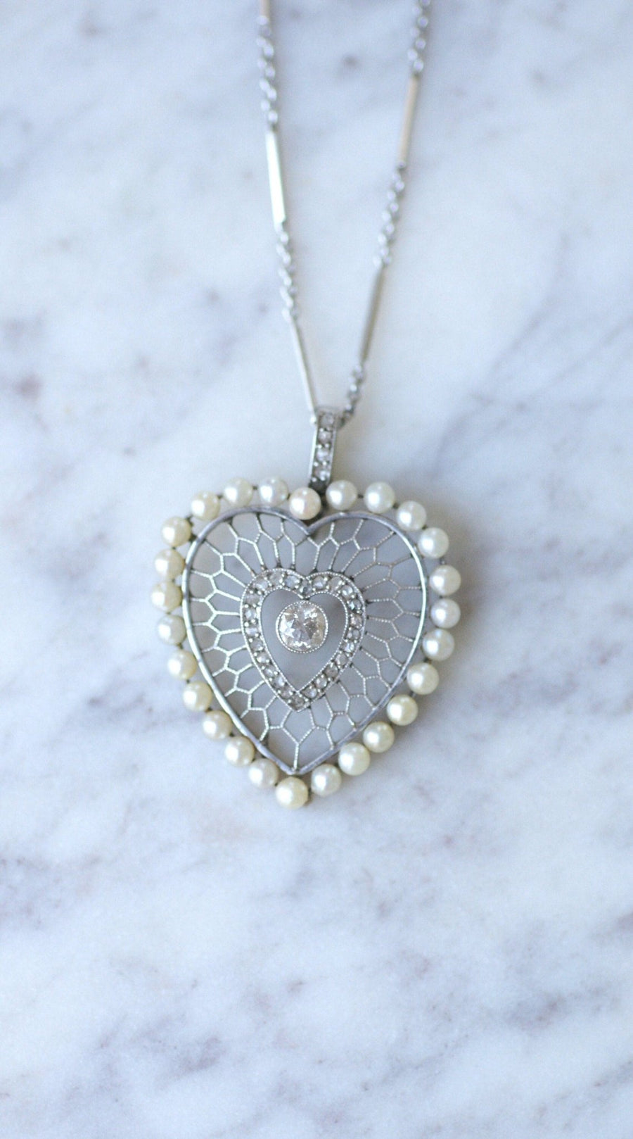 Diamonds and platinum beads heart pendant - Penelope Gallery