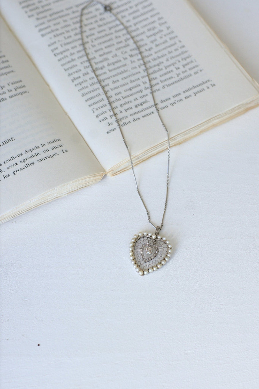Diamonds and platinum beads heart pendant - Penelope Gallery