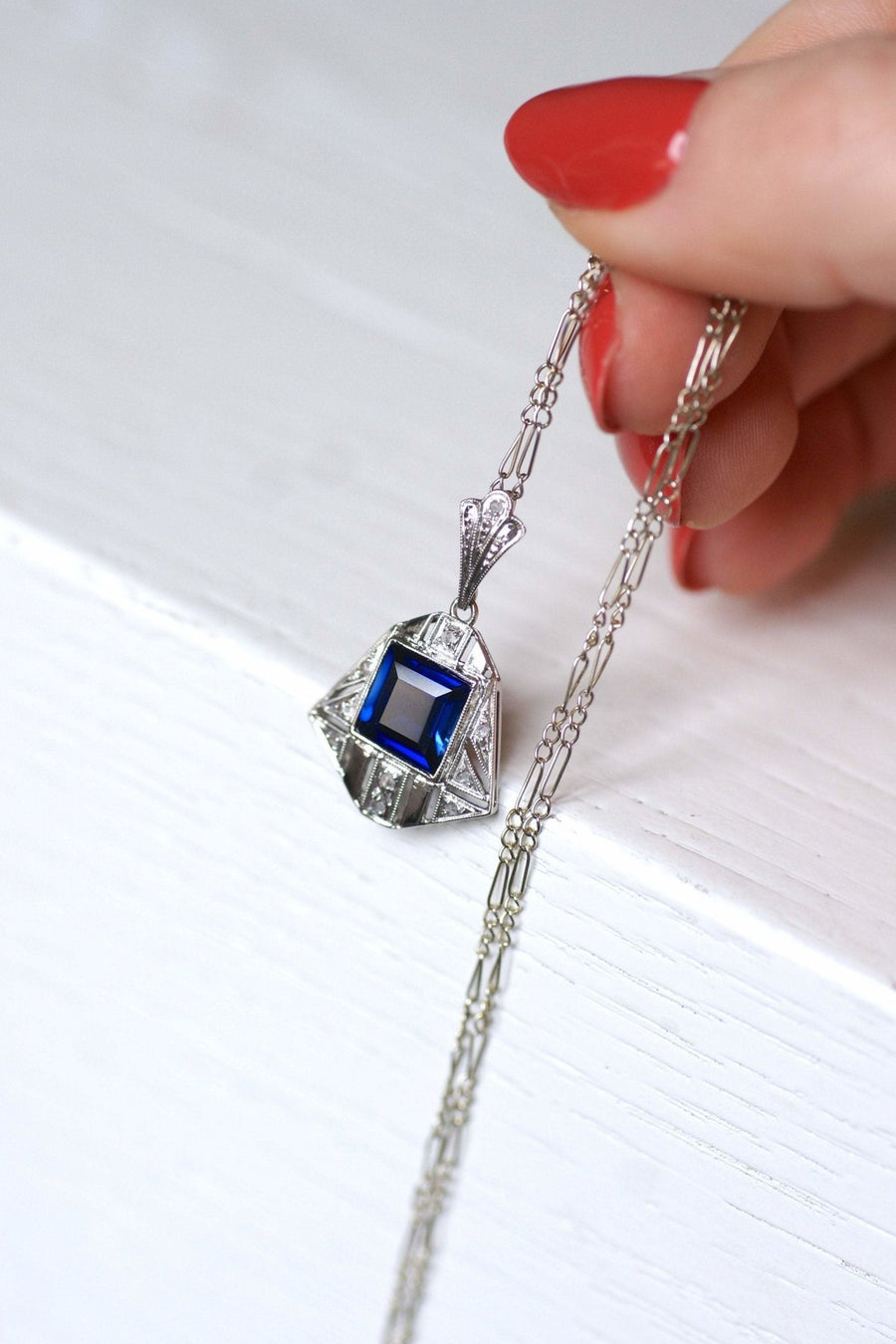 Synthetic sapphire and diamond Art Deco pendant necklace - Penelope Gallery