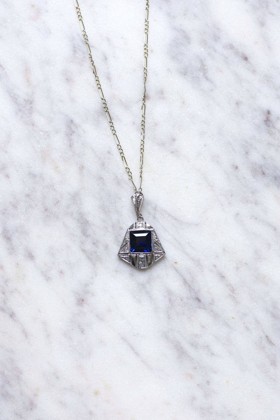 Synthetic sapphire and diamond Art Deco pendant necklace - Penelope Gallery