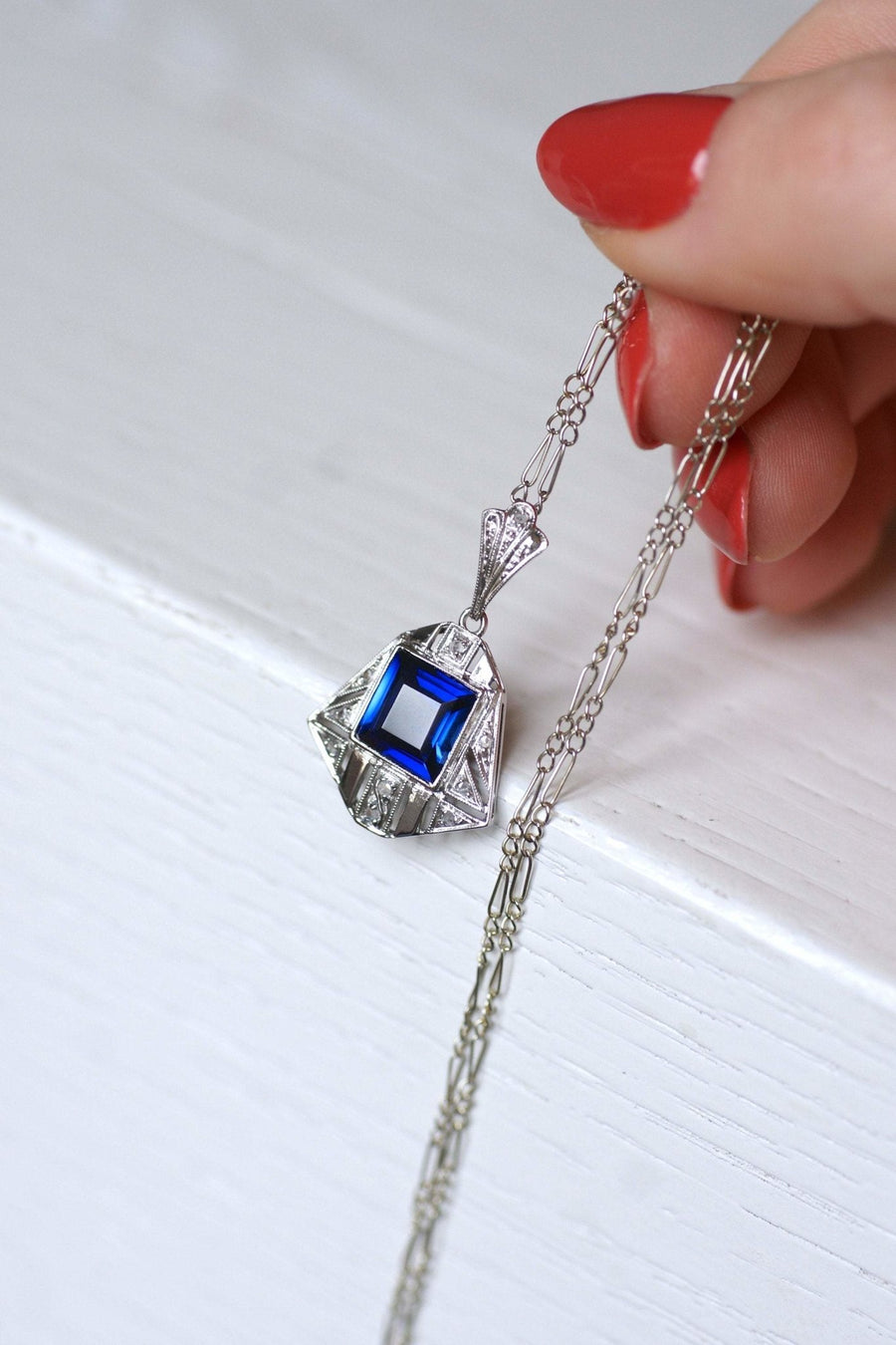 Synthetic sapphire and diamond Art Deco pendant necklace - Penelope Gallery