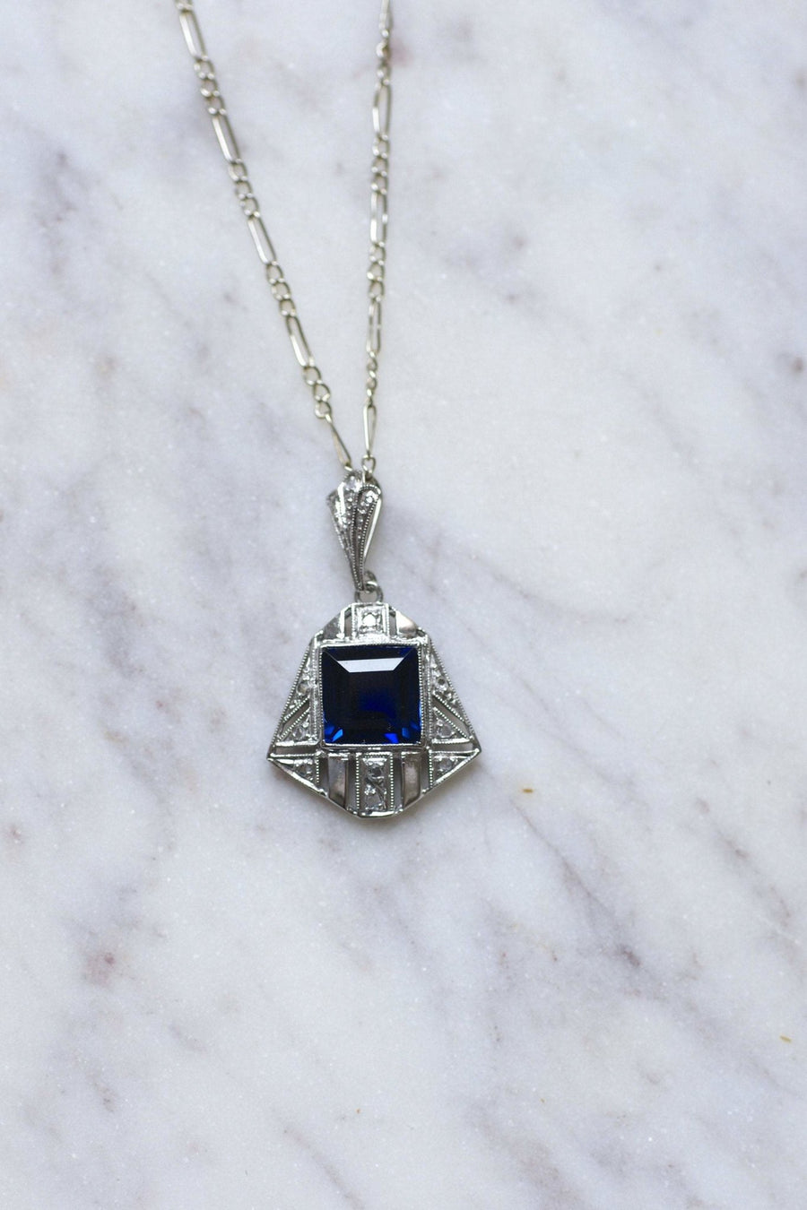 Synthetic sapphire and diamond Art Deco pendant necklace - Penelope Gallery