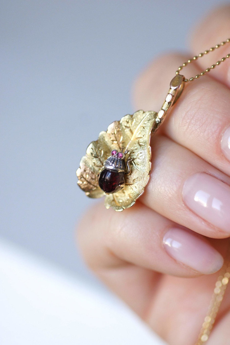 Antique gold and garnet leaf and insect pendant - Galerie Pénélope