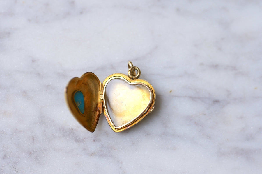 Yellow gold and turquoise gold antique heart opening medallion pendant - Galerie Pénélope