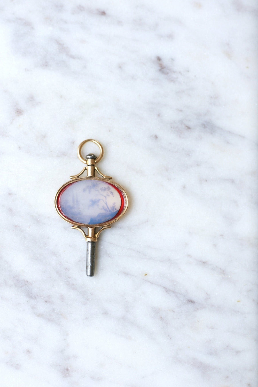 Victorian watch key pendant with miniature landscape on glass, rose gold setting - Penelope Gallery