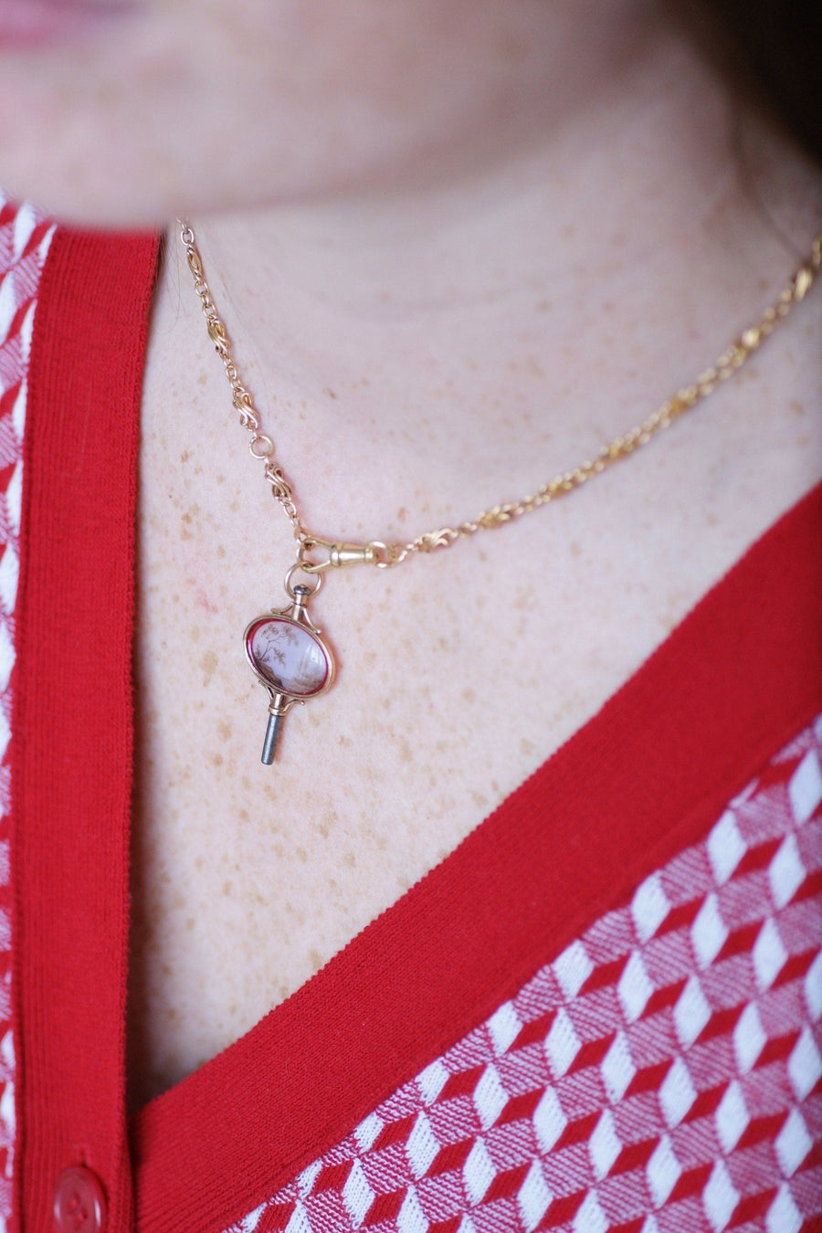 Victorian watch key pendant with miniature landscape on glass, rose gold setting - Penelope Gallery