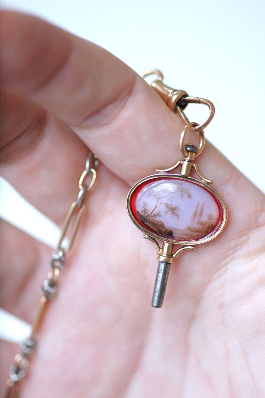 Victorian watch key pendant with miniature landscape on glass, rose gold setting - Penelope Gallery