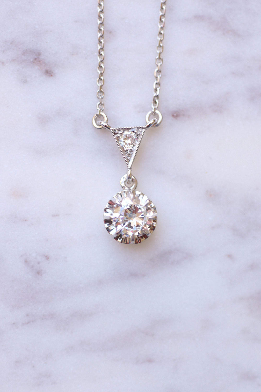 Solitaire Art Deco gold and platinum necklace, diamond 0.80Ct - Galerie Pénélope