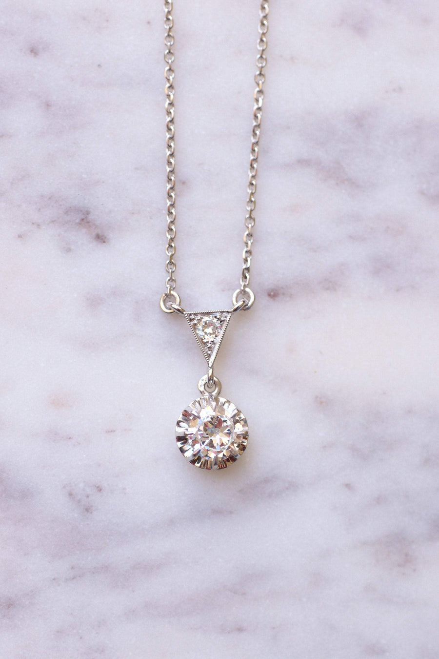 Solitaire Art Deco gold and platinum necklace, diamond 0.80Ct - Galerie Pénélope