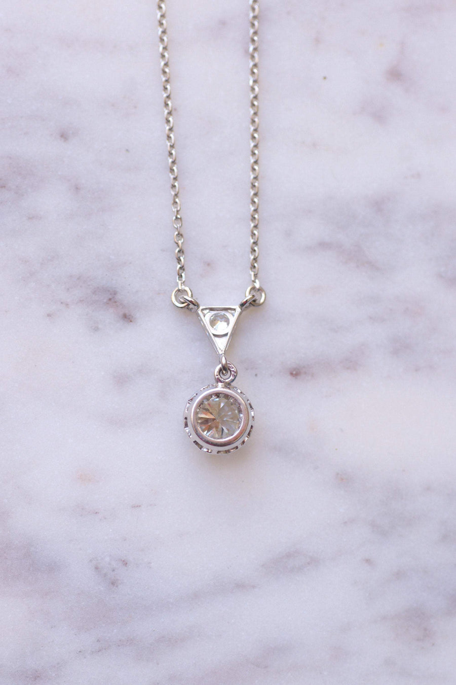 Solitaire Art Deco gold and platinum necklace, diamond 0.80Ct - Galerie Pénélope