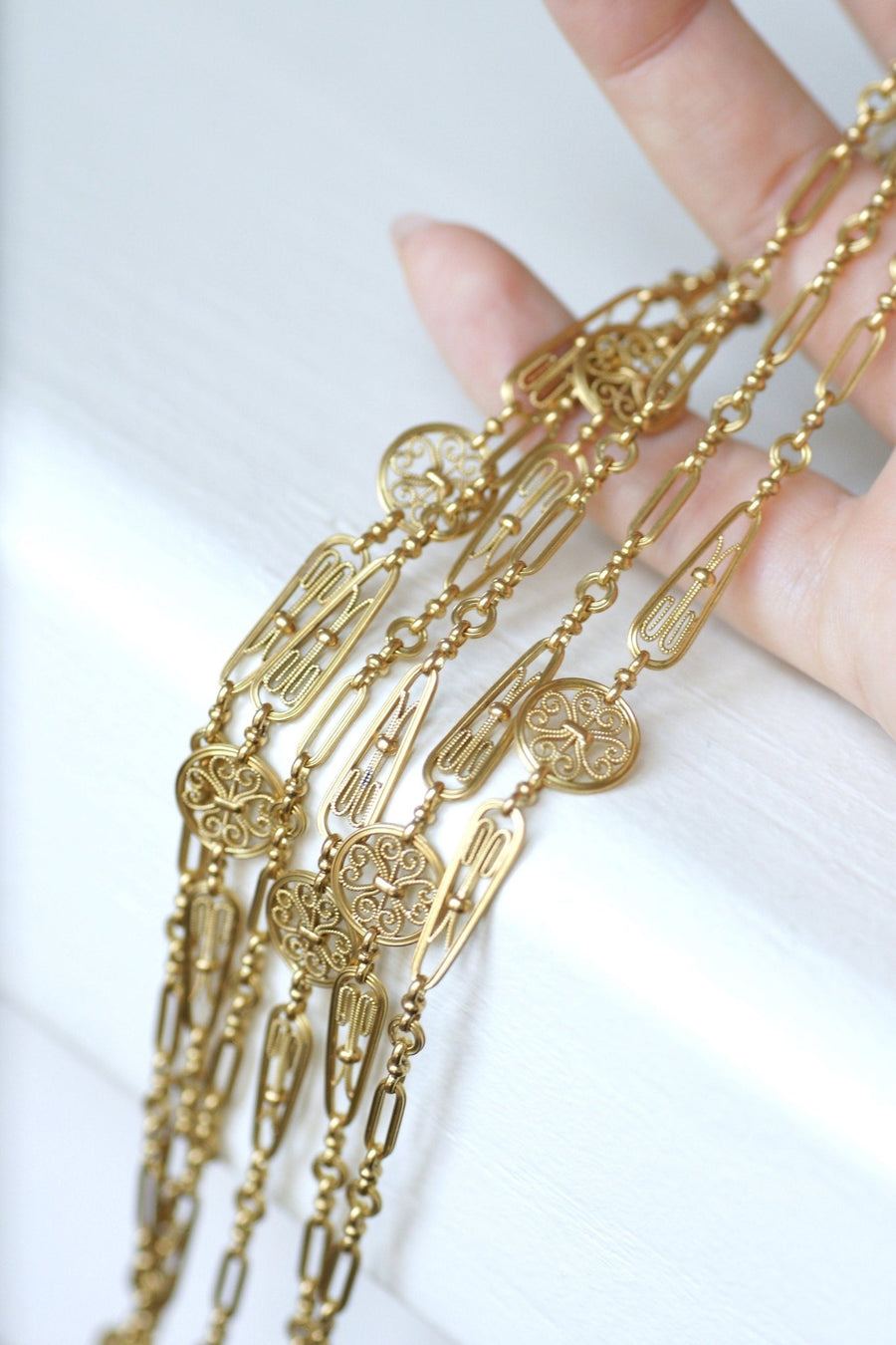 Long necklace, antique chain 155 cm filigree yellow gold - Penelope Gallery