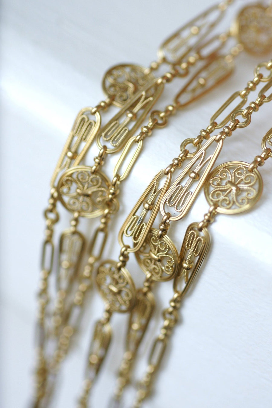 Long necklace, antique chain 155 cm filigree yellow gold - Penelope Gallery