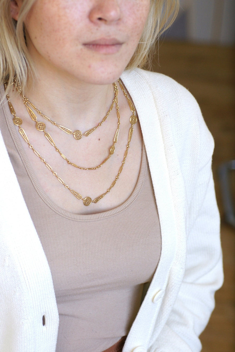 Long necklace, antique chain 155 cm filigree yellow gold - Penelope Gallery