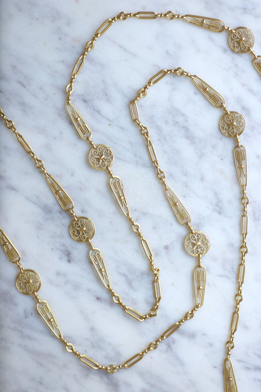 Long necklace, antique chain 155 cm filigree yellow gold - Penelope Gallery