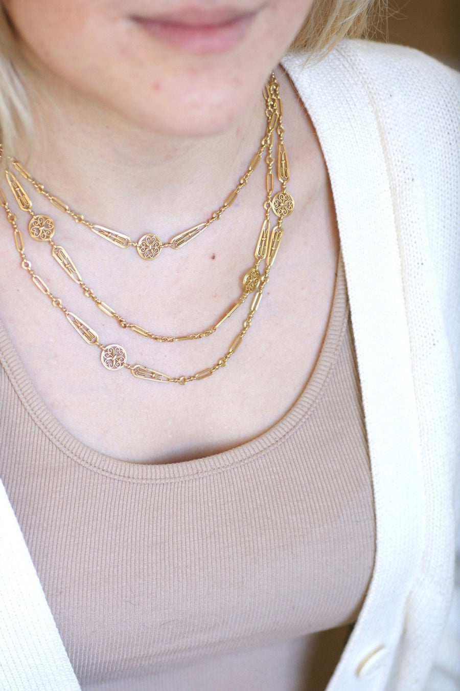 Long necklace, antique chain 155 cm filigree yellow gold - Penelope Gallery