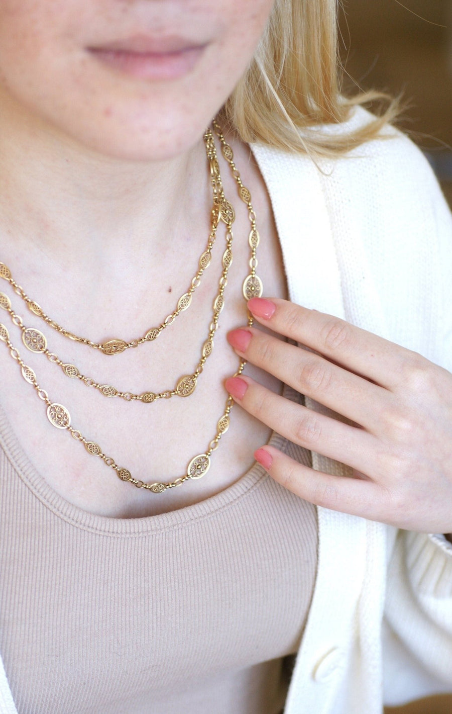 Long necklace, antique gold chain 155 cm oval filigree - Penelope Gallery