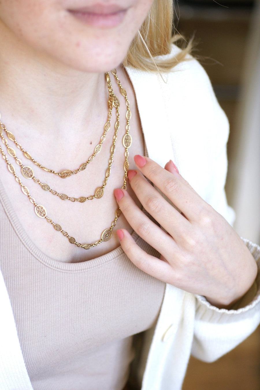 Long necklace, antique gold chain 155 cm oval filigree - Penelope Gallery
