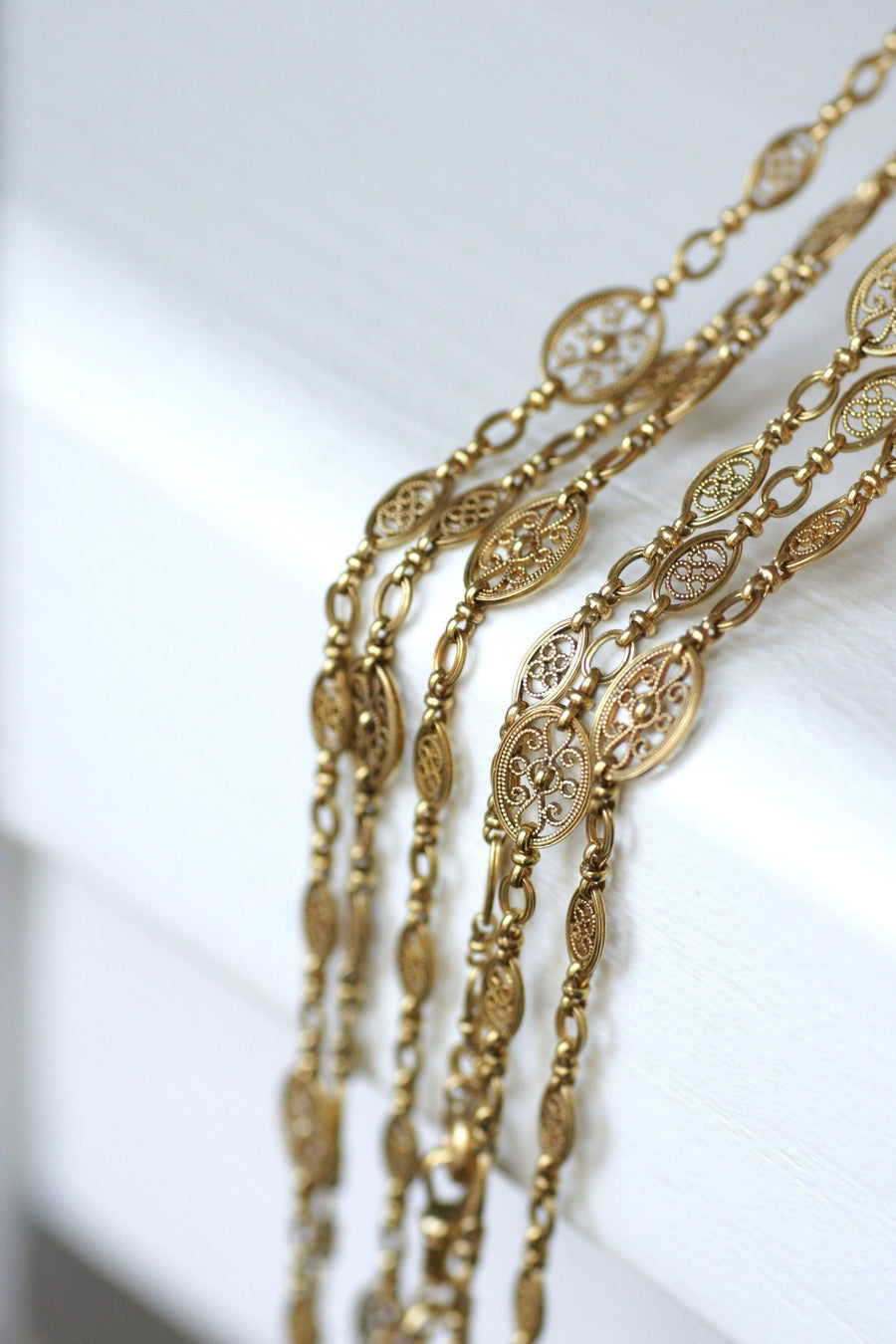 Long necklace, antique gold chain 155 cm oval filigree - Penelope Gallery
