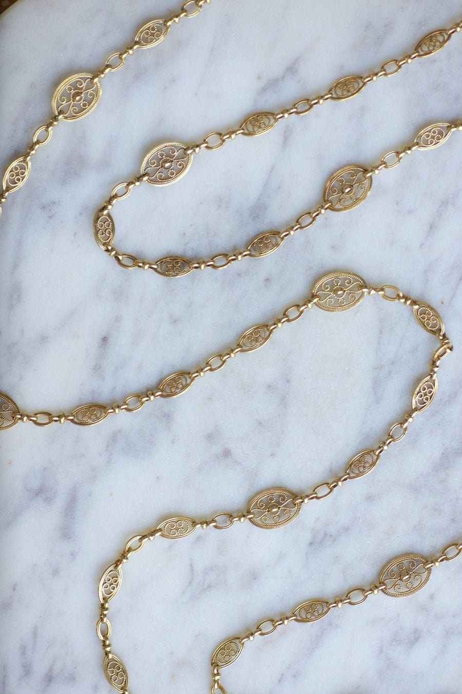 Long necklace, antique gold chain 155 cm oval filigree - Penelope Gallery