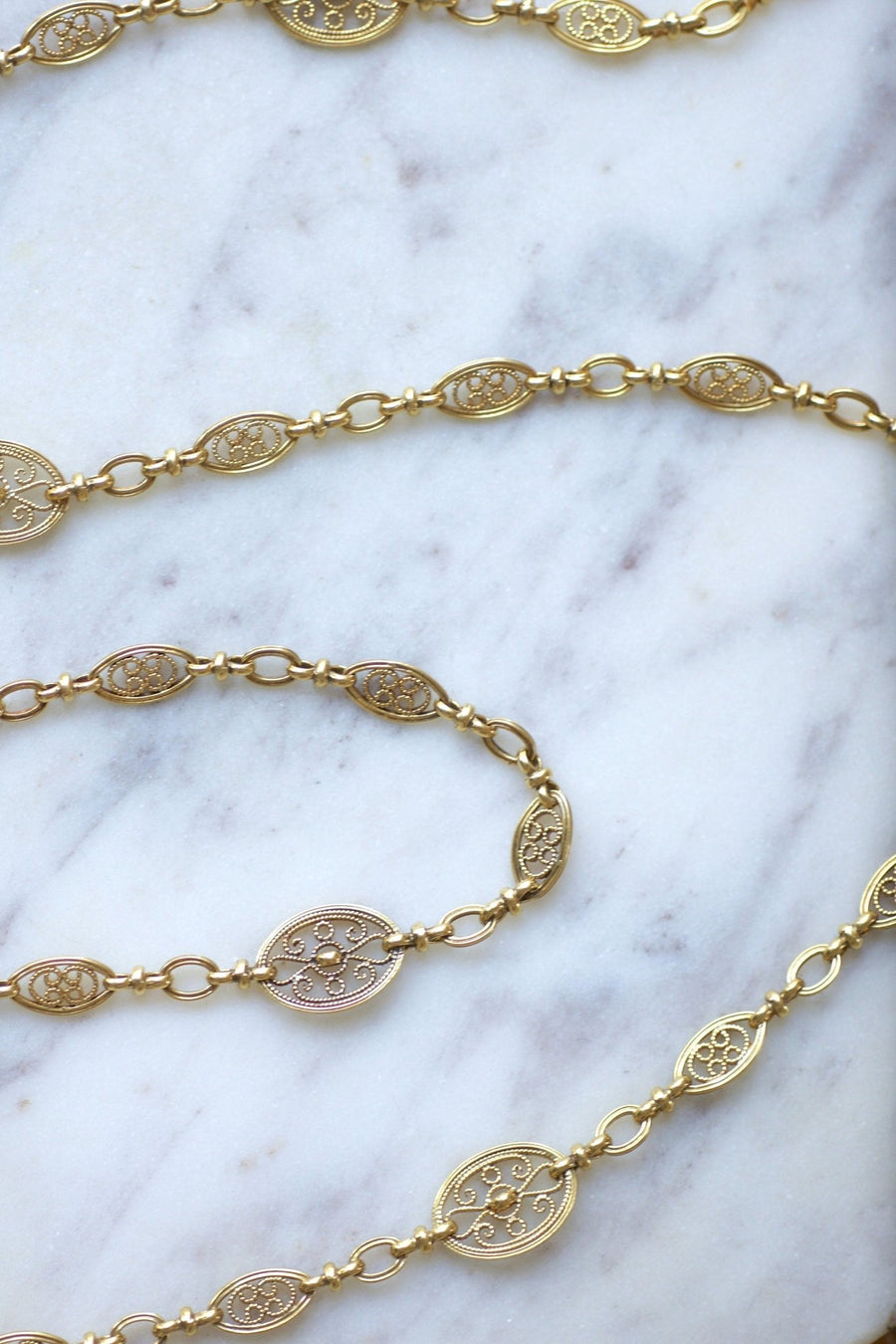 Long necklace, antique gold chain 155 cm oval filigree - Penelope Gallery